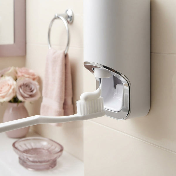 A vacuum-pump toothpaste dispenser dispensing a precise portion of toothpaste onto a toothbrush in a modern, clean bathroom.
